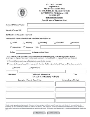 Fillable Online Baldwincountyal Certificate Of Destruction Form