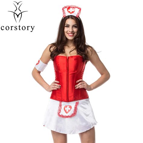 Corstory Women Sexy Nurse Costume Uniform Red Satin Overbust Corset Skirt Adlut Halloween