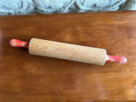 Vintage Wood Rolling Pin Red Handles Etsy