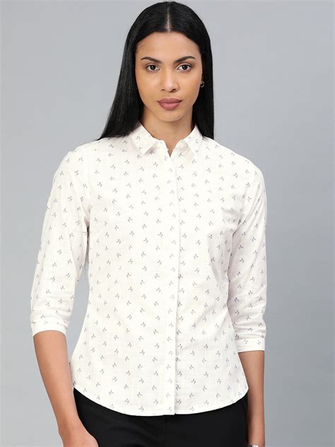 Buy Van Heusen Woman White Blue Regular Fit Printed Formal Shirt