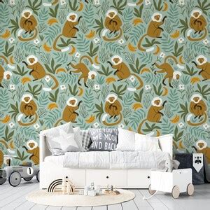 Monkey Nursery Room Wallpaper, Animal Print for Kids Room Wall Covering ...