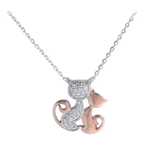 18k White and Rose Gold Diamond Cat Charm Necklace Two Tone Diamond ...