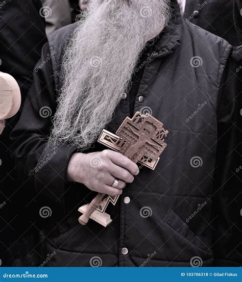 Orthodox Pilgrims Holding Jesus Christ Cross Visit the Holy City of