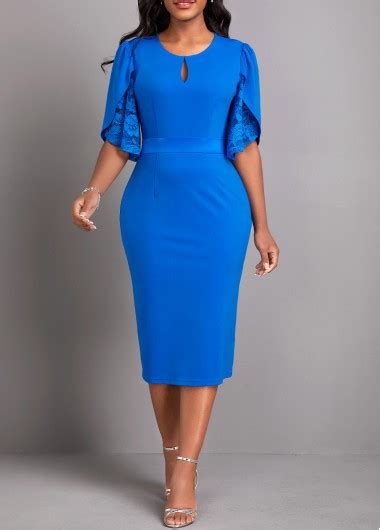 Blue Lace Half Sleeve Round Neck Bodycon Dress Modlily USD 36 98