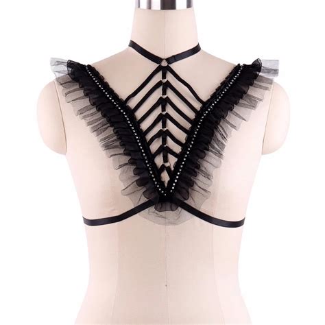 Women Black Lace Tops Elastic Body Cage Strap Exotic Body Harness