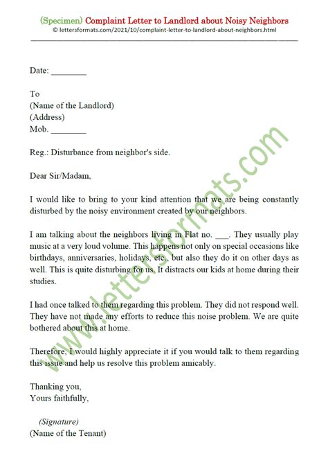 Sample Complaint Letter To Landlord About Noisy Neighbors