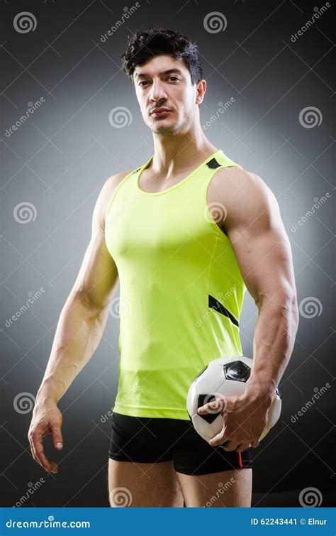 The Muscular Man With Football Ball Stock Image Image Of Match Leap