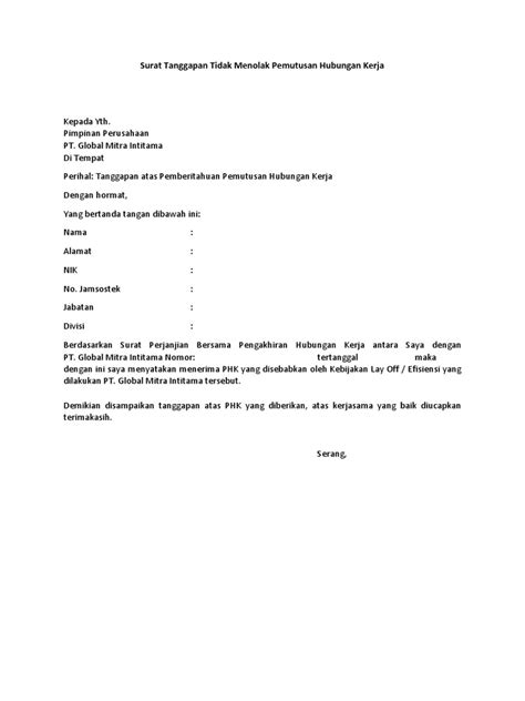 Surat Tanggapan Tidak Menolak Phk Rvs Pdf