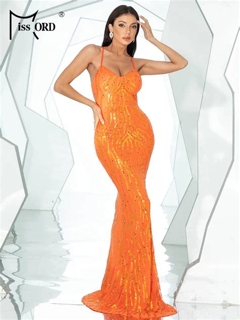 Missord Lace Up Orange Maxi Sequin Mermaid Cocktail Evening Dress 