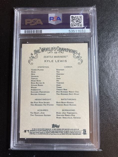 Topps Allen Ginter Kyle Lewis Rookie Rc Card Psa