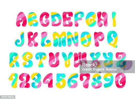 Psychedelic Font With Colorful Pattern Vintage Hippie Alphabet On White Stock Illustration