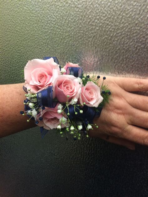 Pink Spray Rose Corsage With Navy Blue Ribbon Prom Corsage Pink Prom