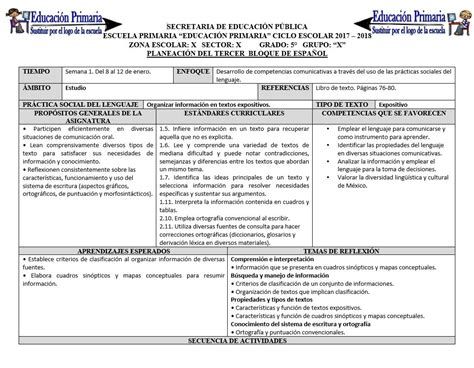 Planeaci N Del Quinto Grado Para El Tercer Bloque Del Ciclo Escolar