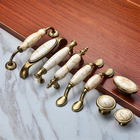 Vintage Ceramic Metal Door Handles Bronze White Kitchen Cabinet