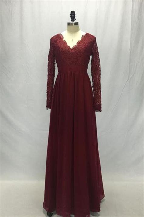 Buy Long Sleeves V Neck Lace Chiffon A Line Maroon Prom Dresses