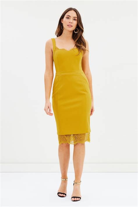 Sheer Lace Trim Midi Dress Yellow Haute On High