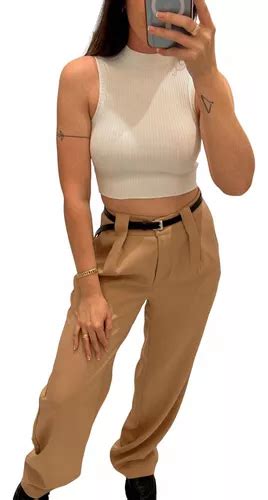 Top Cropped Feminina Gola Alta Malha Canelada Moda Gringa