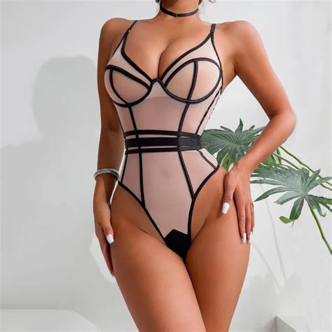 Hot New Erotic Lingerie Mesh Splicing Sexy See Through Body Shaping Backless Halter