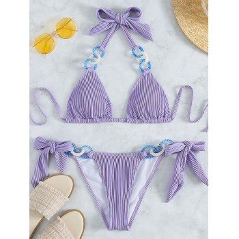 Emmiol Free Shipping 2024 Halter Striped Bikini Set Lilac M In Bikini