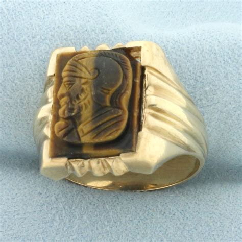 Mens Tigers Eye Roman Soldier Cameo Ring In 10k Yellow Gold Property