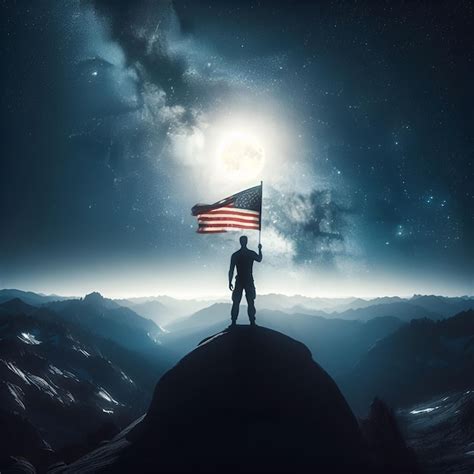 A Man Stands On A Mountain With An American Flag On His Head Premium