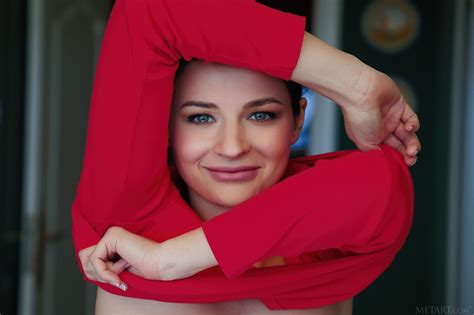 Blue Eyes Ardelia A Women Looking At Viewer Undressing Red Sweatshirt Metart Pink