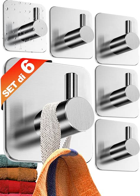 4smile Ganci Adesivi Acciaio Inox SET 6 Appendi Porta Asciugamani