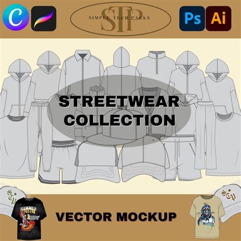 Streetwear Vector Bundle Vector Tech Pack Illustrator Template Mockup Clothing Etsy