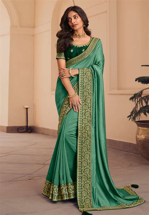 Silk Saree With Blouse In Sea Green Colour 1011