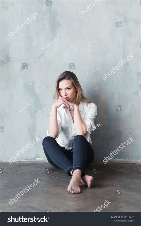 Model Blonde Barefoot Blue Jeans White Stock Photo Shutterstock