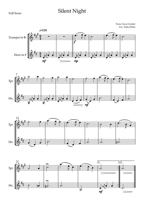 Silent Night Christmas Song For Trumpet In Bb And Horn In F Duo Arr