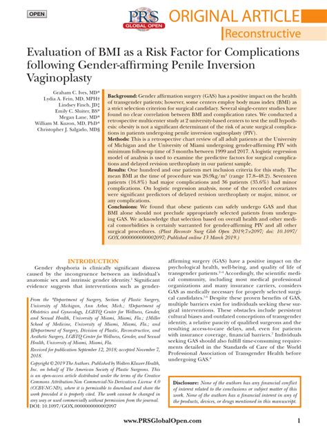 Pdf Evaluation Of Bmi As A Risk Factor For Complications Following Gender Affirming Penile