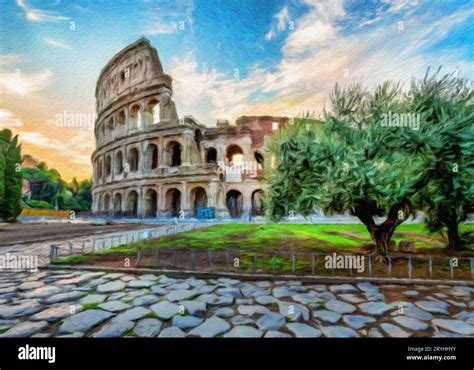 Rome Italy Sunset Behind The Colosseum Creative Illustration