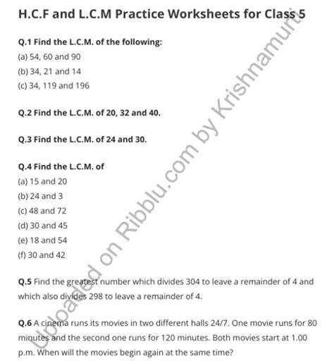 Hcf And Lcm Worksheets For Class 5 Free Download Pdf