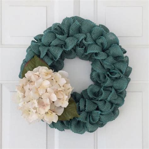 Rustic Teal Burlap Wreath Accented With A Cream Hydrangea Burlap Wreath Burlap Wreath Diy