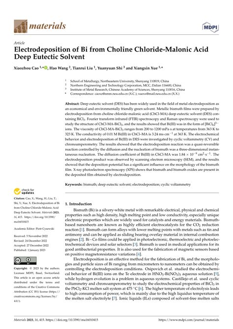 PDF Electrodeposition Of Bi From Choline Chloride Malonic Acid Deep