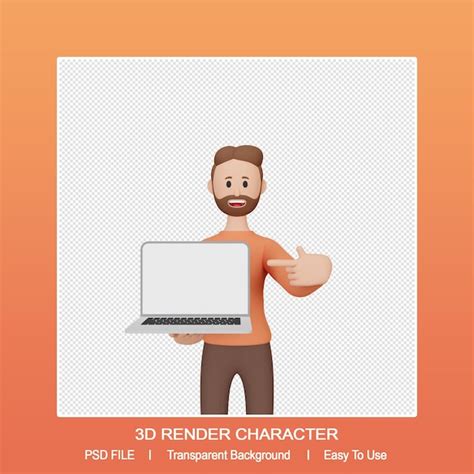 Premium Psd D Render Male Character Pointing Up Laptop