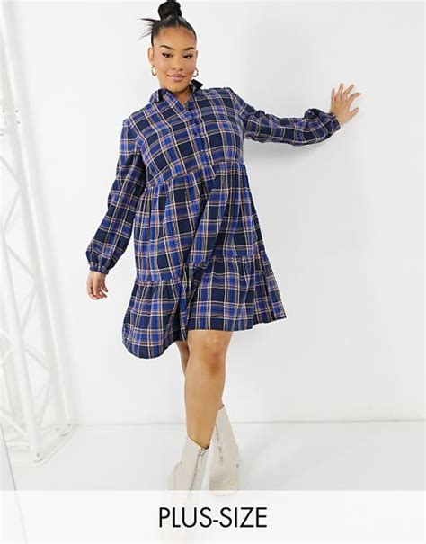 New Look Curve Button Front Check Smock Mini Dress In Blue Pattern Asos