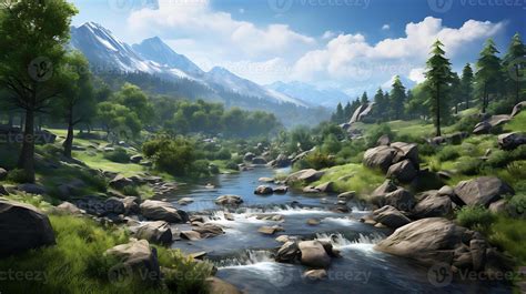 Mountain River In The Forest Nature Landscape Background