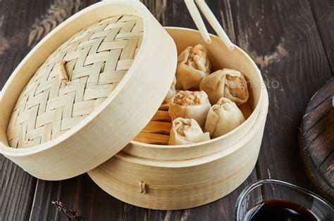 Shumai Shaomai Chinese Meat Dumpling Steamed Dish In Bamboo Steamer Box