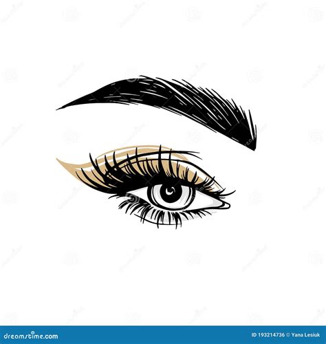 Vector Hand Drawn Beautiful Female Eye With Long Black Eyelashes Golden Eyeshadow And Brows