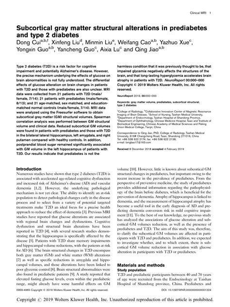 Pdf Subcortical Gray Matter Structural Alterations In Prediabetes And