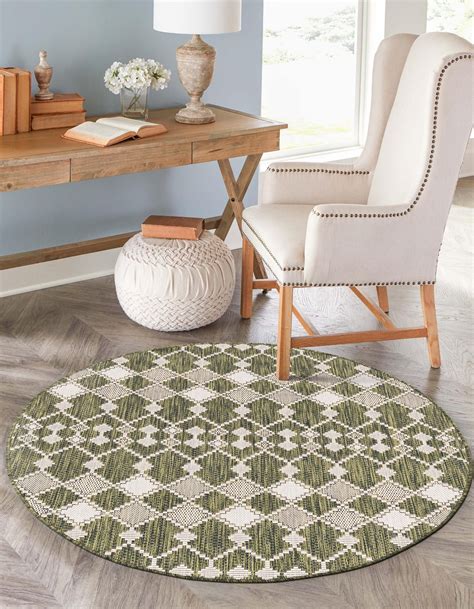 Green 10 X 10 Lattice Indoor Outdoor Round Rug