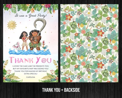 Moana Thank You Card Princess Birthday Girl Printable Editable Etsy