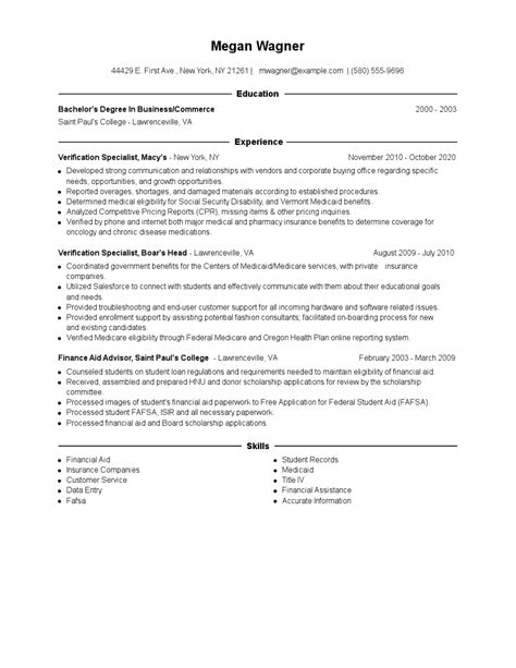 Verification Specialist Resume Examples And Tips Zippia