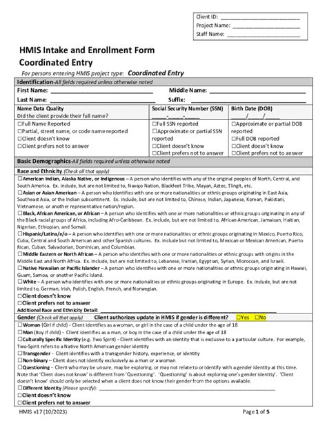 Fillable Online HMIS Intake And Enrollment Form Coordinated Entry Fax