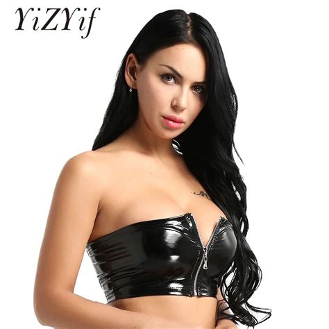 Yizyif Sexy Black Pu Leather Tube Top Women Wet Look Tank Top Club Front Zipper Bandeau Cropped