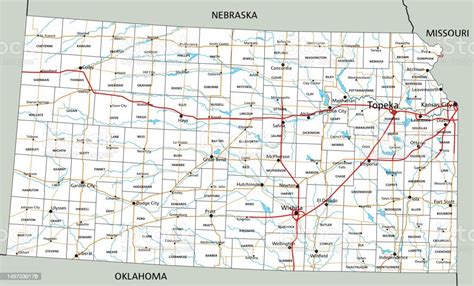 High Detailed Kansas Road Map With Labeling Stock Illustration ...