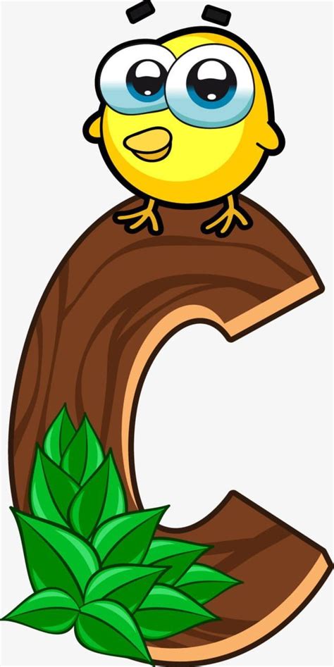 a yellow bird sitting on top of a wooden letter with leaves around it's edges