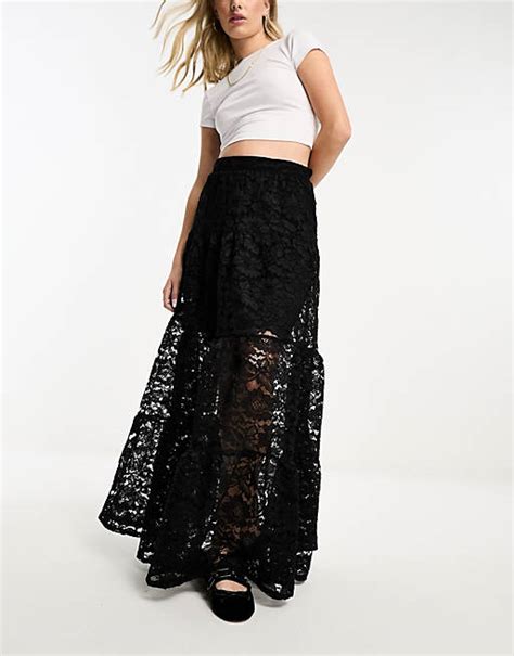 Miss Selfridge Lace Tiered Maxi Skirt In Black Asos